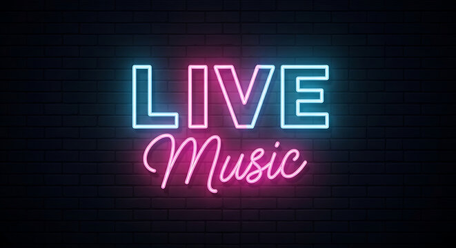 Neon sign that reads 'LIVE Music' with glowing blue and pink text on a dark background, perfect for promoting concerts and events