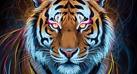 Close up illustration of a tiger face with glowing eyes and colorful abstract lines around it