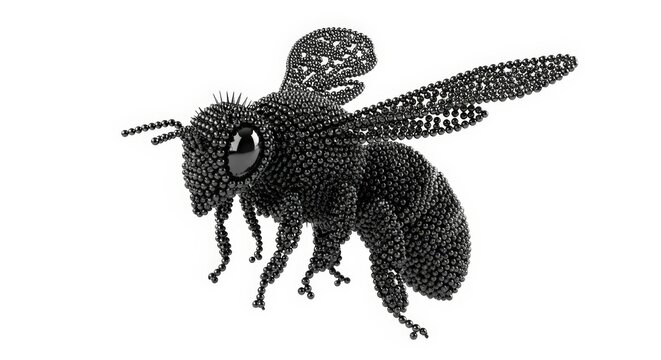 A detailed digital rendering of a black bee in flight, constructed from tiny spheres on a white background.