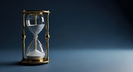 A golden hourglass stands against a dark blue background showing the beautiful and relentless passage of time