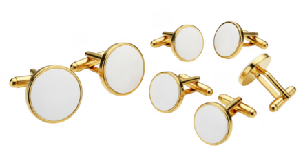 A collection of gold and white round cufflinks, isolated on transparent background