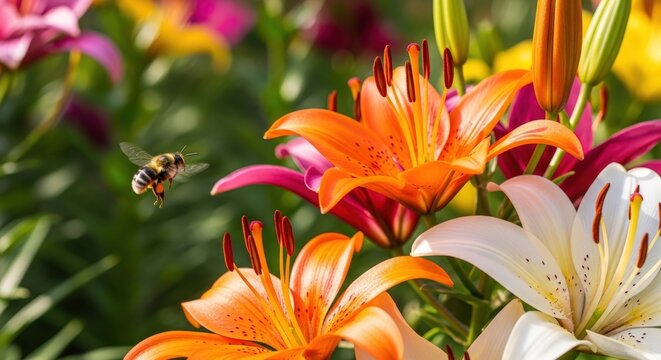 A bee in mid-flight approaching a vibrant bouquet of colorful orange, white, and pink lilies in a sunlit garden.
