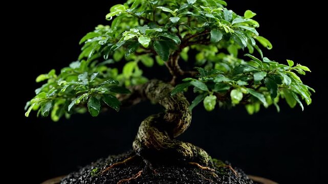 Bonsai tree display in indoor setting. Lush green leaves glisten with water droplets. Serene atmosphere promotes relaxation and mindfulness. Ideal for nature enthusiasts.