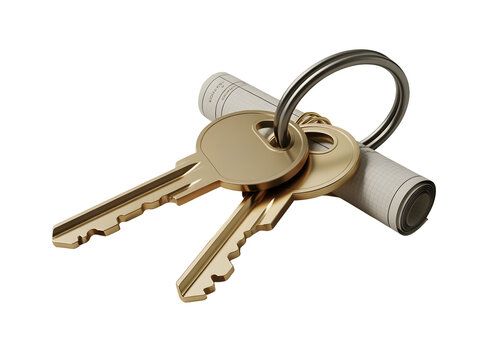 Golden house keys on a metal keyring resting atop rolled architectural blueprints isolated on a transparent background - Powered by Adobe