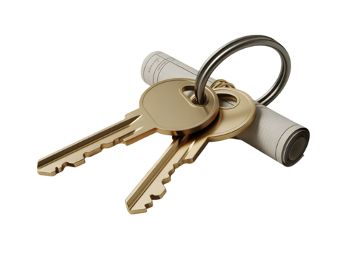 Golden house keys on a metal keyring resting atop rolled architectural blueprints isolated on a transparent background