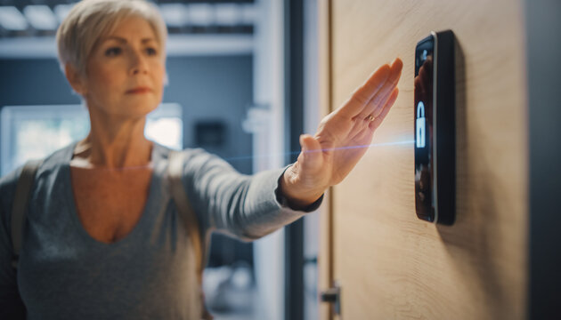 Mature caucasian woman using a futuristic biometric palm scanner for keyless entry into her smart home, ensuring high-tech security