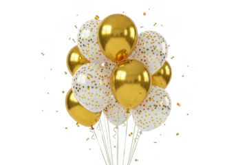 A festive bunch of golden and white balloons with confetti, isolated on transparent background