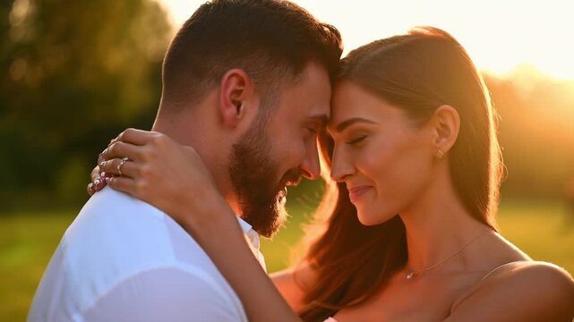 A tender moment between a couple, embracing in the warm embrace of the sunlight. The couple looks at each other lovingly Stock Video