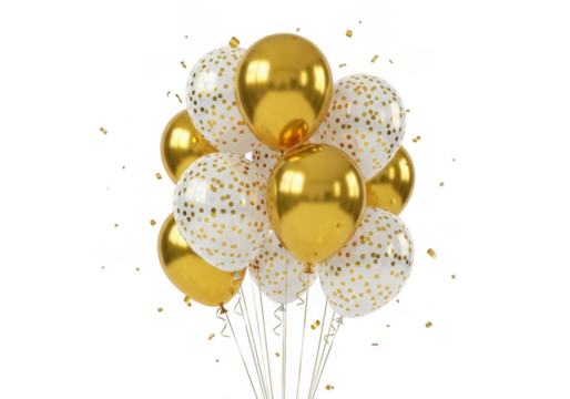 A festive bunch of golden and white balloons with confetti, isolated on transparent background