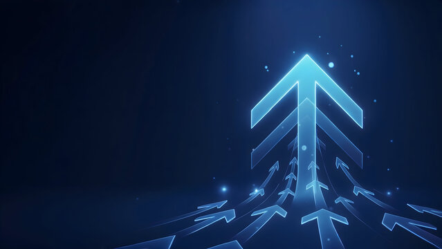 Dynamic blue arrows moving upward and converging, symbolizing technological progress, success, and forward momentum.