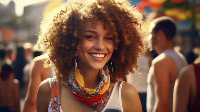 A joyful woman with vibrant curly hair and a colorful printed scarf smiles as she walks down a bustling street.