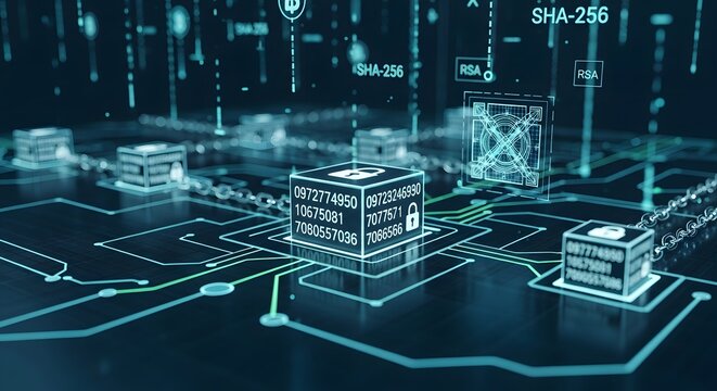 Digital blockchain network with secure data blocks and cryptographic algorithms displayed clearly