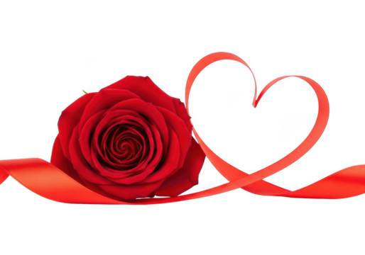 A single red rose with a red ribbon tied in a heart shape, isolated on transparent background