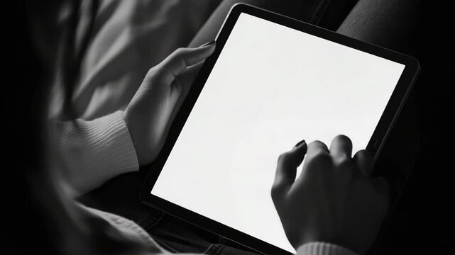 A person's hand gently touching a tablet computer screen with a focus on the interaction between human and technology.