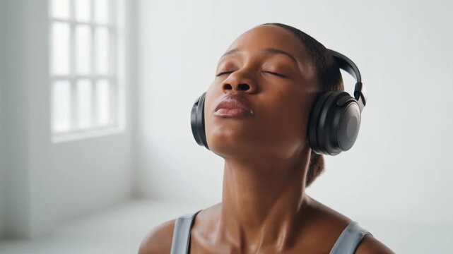 A serene woman listens to music with headphones, eyes closed. Capturing a moment of peace and tranquility Stock Video