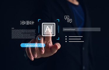 Artificial intelligence concept showing man pressing virtual AI interface button with command prompt and generate icon. Ideal for illustrating machine learning, data technology, or digital innovation.