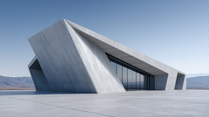 Modern Geometric Building with Glass Windows in Desert Landscape