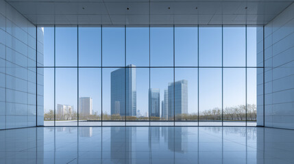 Modern Empty Office with City Skyline View Through Large Blue Windows