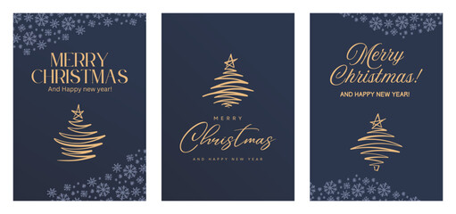 Merry Christmas Modern Card Set, Luxury Xmas Party Greeting Posters Template, Gold and Blue One Line Hand Drawn Lettering and Illustrations, Minimalism Corporate Vector Design for Business