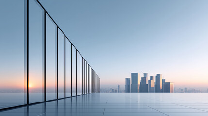 Modern Empty Office with City Skyline View Through Large Blue Windows