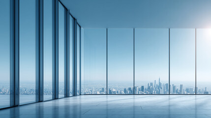 Modern Empty Office with City Skyline View Through Large Blue Windows