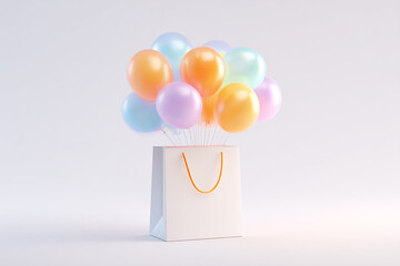 Pastel Balloons Attached to White Shopping Bag on Light Background