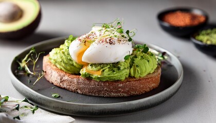 delicious poached egg on avocado toast garnished with microgreens and spices for a healthy breakfast