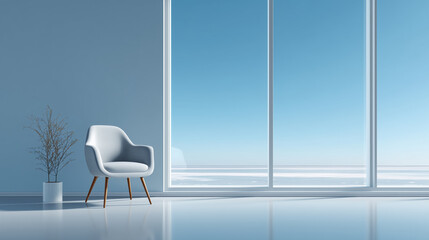 Light Blue Chair and Plant in Modern Room with Large Windows and Sky View