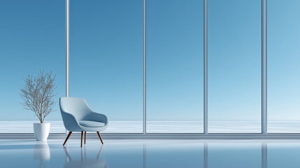 Light Blue Chair and Plant in Modern Room with Large Windows and Sky View