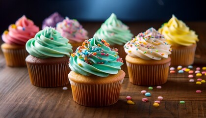 deliciously decorated cupcakes with creamy frosting and colorful sprinkles on wooden table surface