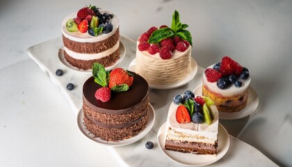 desserts on a marble table featuring multilayered pastry with berries mint and chocolate for an elegant dining experience