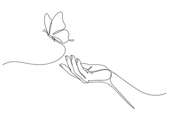 Continuous line drawing of a delicate hand releasing a butterfly into the air