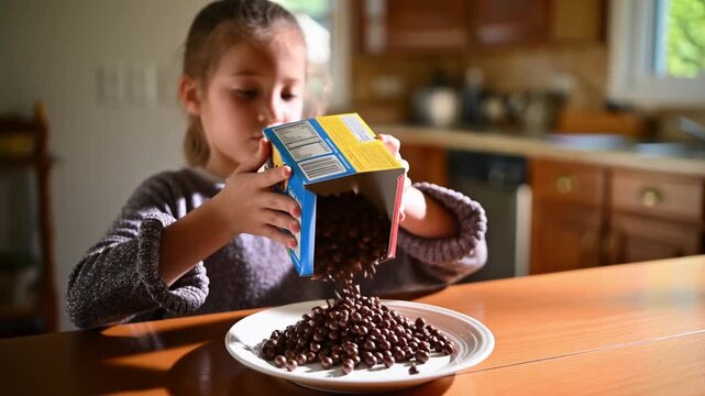 A young girl pouring cereal onto a plate. She carefully tilts the box, watching as the chocolate cereal cascades into a delicious pile Stock Video