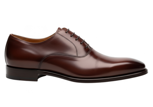 A classic brown leather oxford dress shoe, isolated on transparent background, showcasing elegant craftsmanship and timeless style