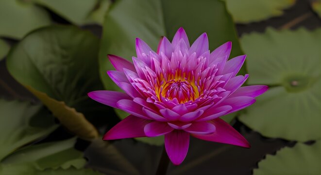 A vibrant pink water lily blooms gracefully above green lily pads, glowing like a jewel on still waters.