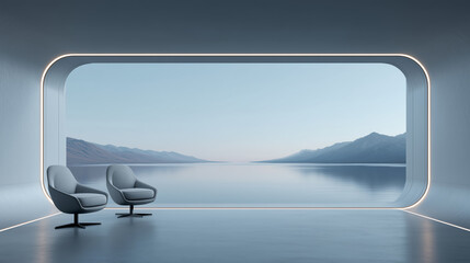 Futuristic Lounge with Lake Mountain View and Glowing Frame