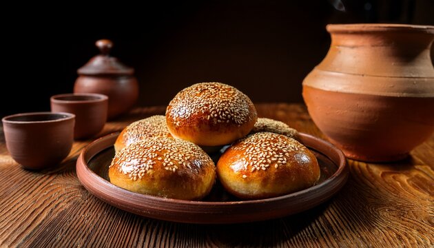 freshly baked sesame buns on a rustic plate accompanied by traditional clay pots - Powered by Adobe