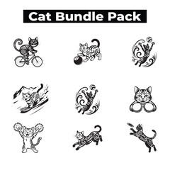Fototapeta premium Smiling Cat Riding Bicycle Black and White Vector Illustration