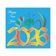 Happy New Year 2026 Greeting Card with Tree Design and Colorful Elements on Blue Background