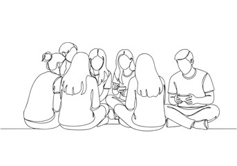 Continuous line drawing of friends meeting. The design showcases a group with minimalist art