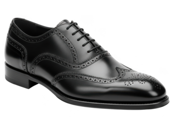 Classic black leather oxford wingtip brogue dress shoe for men, isolated on transparent background