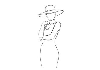 Elegant Continuous Line Drawing of a Woman in a Wide-Brimmed Hat