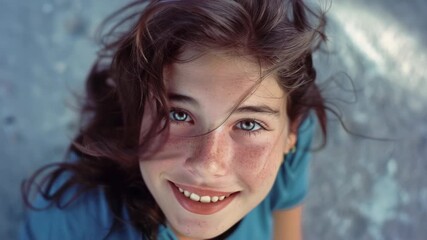 A close-up capturing the radiant beauty and youthful charm of a young woman with striking features, set against a soft, blurred background for emphasis.