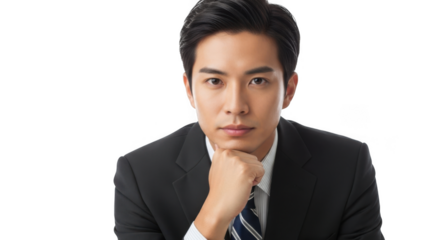 A handsome young asian businessman in a suit, resting his chin on his hand, looking directly at the camera, isolated on transparent background