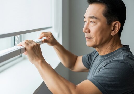 Thoughtful middle-aged Asian man looking out the window in the morning, opening the blinds to let in the daylight