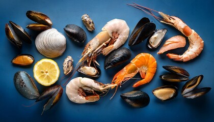 shrimp mussels and assorted seafood on dark blue background for seafood advertising