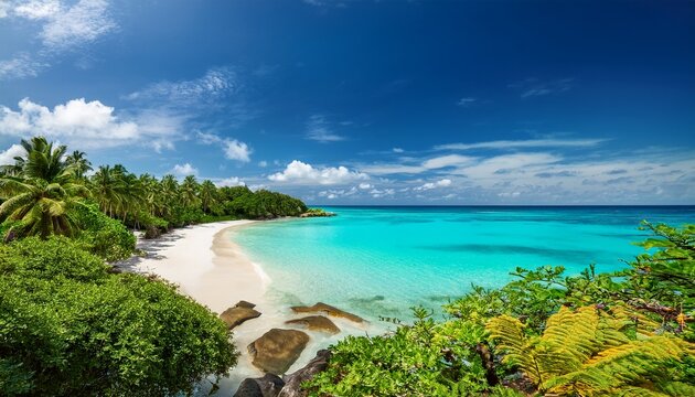 serene tropical beach with clear turquoise waters and lush greenery under a bright sky - Powered by Adobe