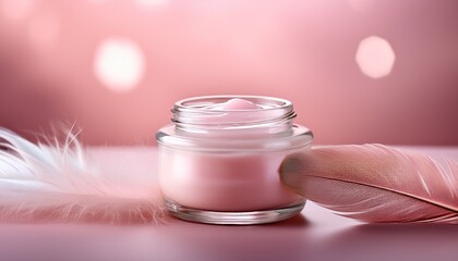 soft pink cream in a glass jar with a delicate feather next to it on a blurred pink background
