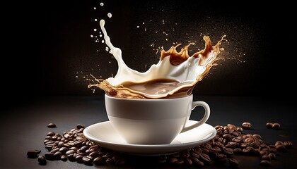 splashes of coffee with milk in a cup on dark background for coffee advertising