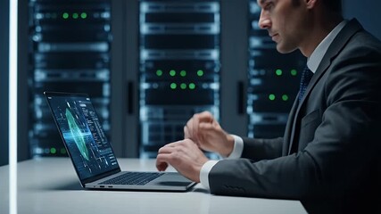 Focused Professional Typing on Laptop in Server Room with Blue Lighting Server Racks and Data Display - Powered by Adobe